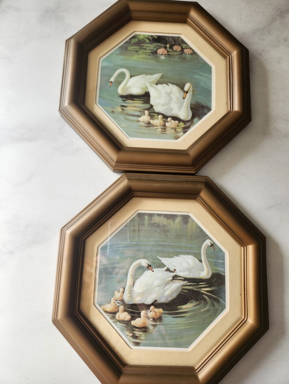 Homco Gold Framed Swan Family Wall Art Pair